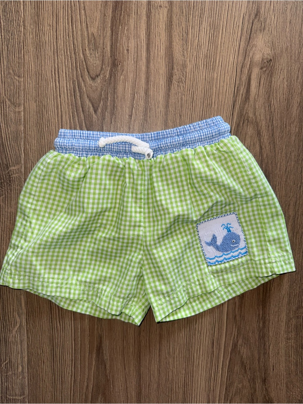 Gingham Green Kids Shorts with Blue Waistband and Whale Patch
